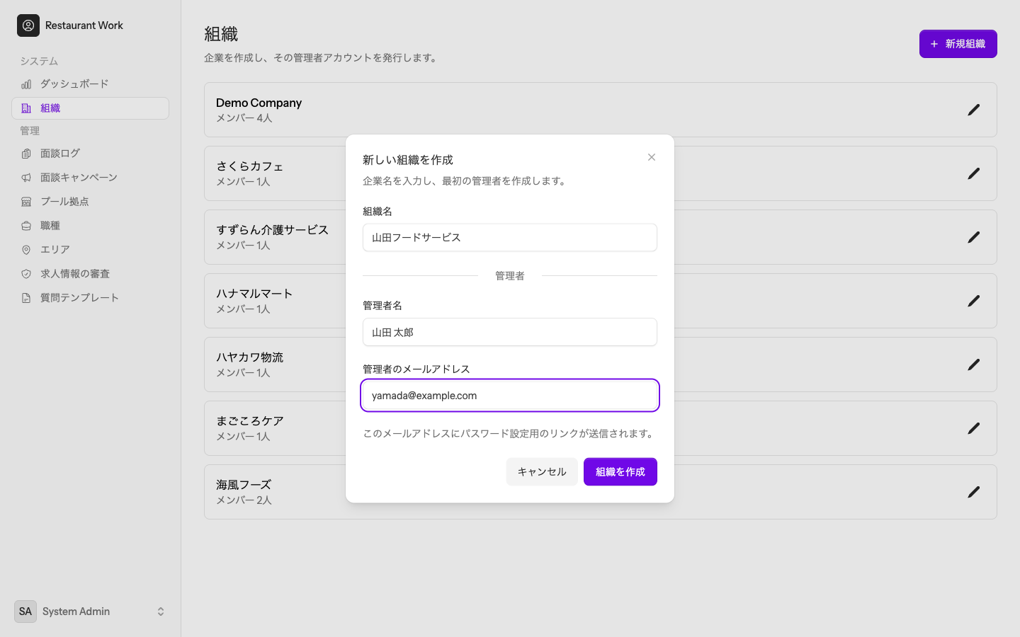 新しい組織を作成