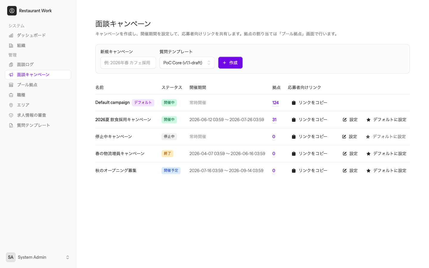 面談キャンペーンの管理